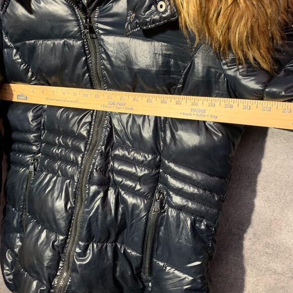 Madden Girl Shinny Puffer Jacket Women Navy Fur Hooded Winter Coat Size Medium - Picture 4 of 8